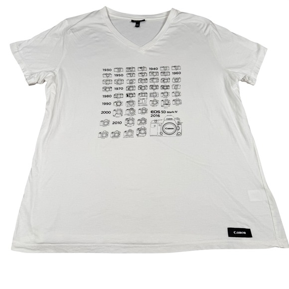 Canon Tops - Canon Camera Evolution Timeline Graphic V-Neck T-Shirt White XXL EOS 5D Mark IV